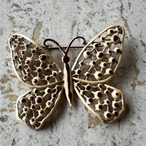 Elegant Vintage Enamel Butterfly Brooch with Cream and Burgundy Accents